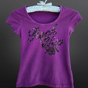 Y2K Purple Sequin T shirt Rock Chic Baby Tee Size XS Cap Sleeve Mcbling Top